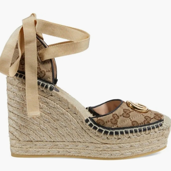 Gucci Pillar GG Ankle Tie Espadrille Platform Wedges - Picture 2 of 10